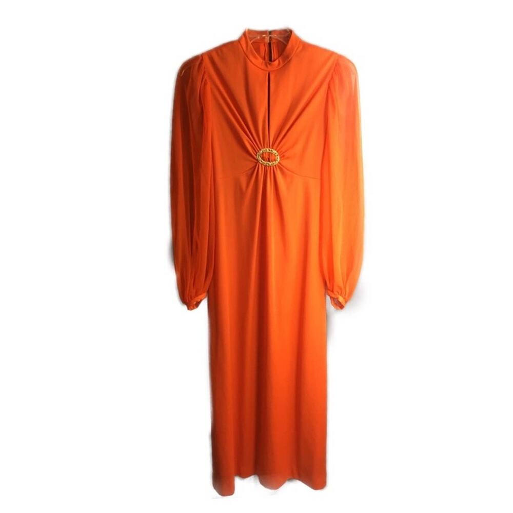 Vintage Orange 70s Cocktail Dress with Rhinestone Brooch
